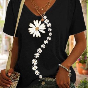 Loose V Neck Casual Floral T-Shirt, T-shirts, color:Black|size:XXL, catalog Noracora shop
