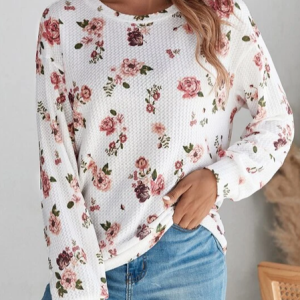 Crew Neck Casual Cotton-Blend Floral Top, Shirts & Blouses, color:White|size:XXL, JustFashionNow
