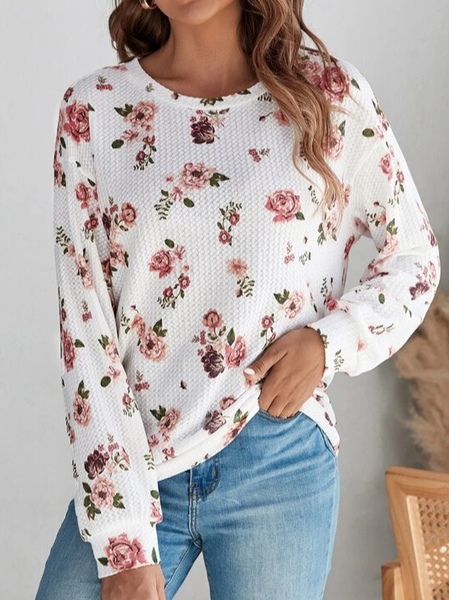 Crew Neck Casual Cotton-Blend Floral Top, Shirts & Blouses, color:White|size:XXL, JustFashionNow