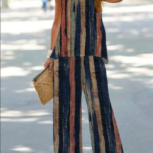 Striped Sleeveless Spaghetti Casual Grommets Two-Piece Set, Suit Set, color:Multicolor|size:XXL, JustFashionNow