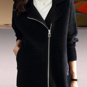 Shawl Collar Long Sleeve Plain Zipper Regular Micro-Elasticity Loose Jacket For Women, Jackets, color:Black|size:3XL, Noracora