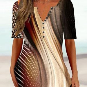 Gradient Pattern Casual V Neck Shirt, Shirts & Blouses, color:Khaki|size:XXL, JustFashionNow