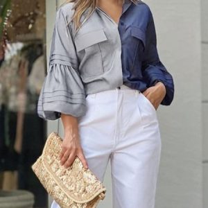 Urban Lantern Sleeve Loose Faux Denim Blouse, Blouses and Shirts, color:Blue|size:XXL, Stylewe