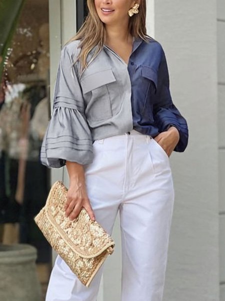 Urban Lantern Sleeve Loose Faux Denim Blouse, Blouses and Shirts, color:Blue|size:XXL, Stylewe