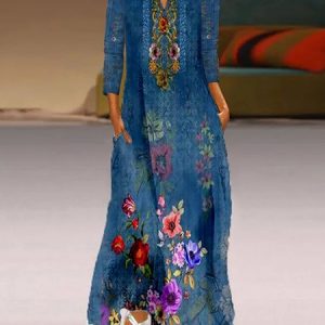 V Neck Ethnic Elegant Loose Dress, Dresses, color:Blue|size:XXL, JustFashionNow