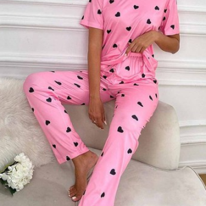 Printing Crew Neck Regular Sleeve Heart/Cordate Casual Lounge Set, Loungewear & Sleepwear, color:As Picture|size:XL, JustFashionNow