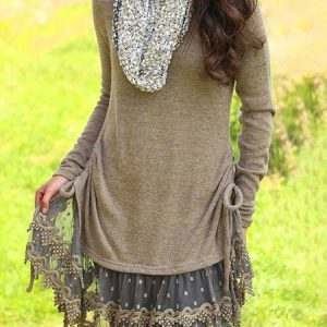 Casual Plain Lace Regular Fit Crew Neck Dress, Dresses, color:Brown|size:XXL, JustFashionNow