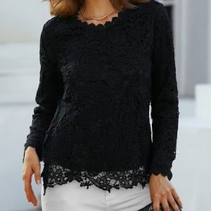 Lace Regular Fit Casual Lace Top, Shirts & Blouses, color:Black|size:XXL, JustFashionNow