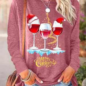 Women's Wine Simple Christmas Crew Neck Long Sleeve Top, Long sleeves, Lilicloth.com