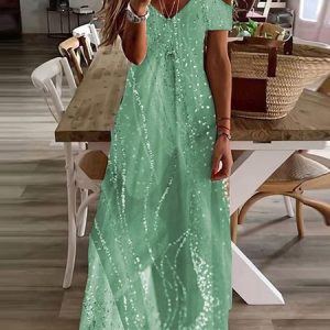 Abstract Casual Lace V Neck Maxi Dress, Lace Dresses, color:Green|size:XXL, JustFashionNow