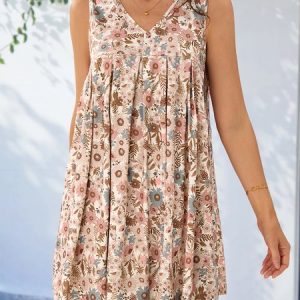 Casual Loose Floral V Neck Dress, Short, color:Khaki|size:XXL, catalog Noracora shop