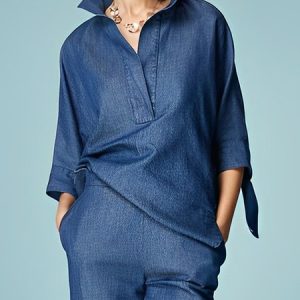 Shirt Collar Urban Faux Denim Top, Blouses and Shirts, color:Blue|size:XXL, Stylewe