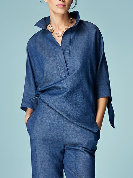 Shirt Collar Urban Faux Denim Top, Blouses and Shirts, color:Blue|size:XXL, Stylewe