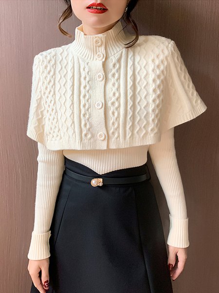 Daily Long sleeve Elegant Stand Collar Plain Sweater, Pullovers, color:White|size:XXL, Stylewe