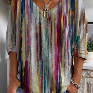 JFN V Neck Casual Ombre Autumn Daily Loose T-shirt, T-Shirts, color:Multicolor|size:XXL, JustFashionNow