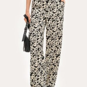 Casual Disty Floral Natural Long Straight Pants, Pants, color:flower|size:XL, Noracora