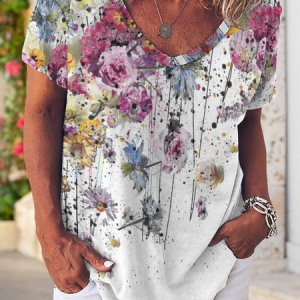 Casual Abstract Floral Print V-Neck T-Shirt, color:As Picture|size:3XL, Lilicloth.com