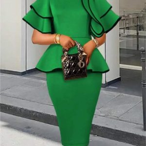 Regular Fit Plain Stand Collar Elegant Dress, Midi Dresses, color:Green|size:XXL, Stylewe