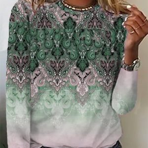 Ethnic Loose Casual Crew Neck T-Shirt, Long sleeves, Lilicloth.com