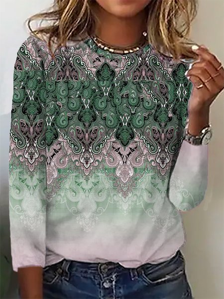 Ethnic Loose Casual Crew Neck T-Shirt, Long sleeves, Lilicloth.com