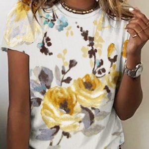 Casual Floral Gradient Pattern Round Neck Short Sleeve T-Shirt Daily Commuting Vacation Women's Clothing, T-Shirts, color:Yellow|size:XXL, JustFashionNow