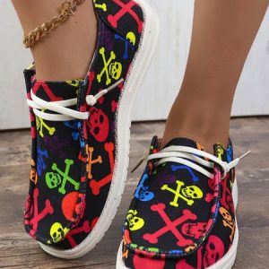 Colorful Skull Halloween Graphics Canvas Flats, Flats, color:Black|size:43, JustFashionNow