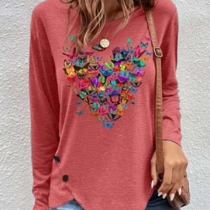 Women's Butterfly Heart Print Casual Top, color:Red|size:3XL, Lilicloth.com