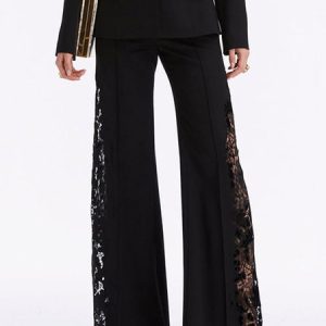 Lace Edge Elegant Fashion Wide Leg Pants, Pants, color:Black|size:XXL, Stylewe