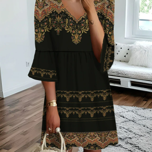 Loose V Neck Ethnic Ethnic Dress With No Belt, Dresses, color:Black|size:XXL, JustFashionNow
