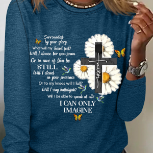 Crew Neck Long Sleeve Text Letters Lightweight Micro-Elasticity Regular Fit Shirt For Women, Blouses, color:Blue|size:3XL, Noracora