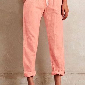 Plain Cotton Casual Solid Roll Hem Drawstring Crop Pants, Pants, color:Pink|size:XXL, JustFashionNow