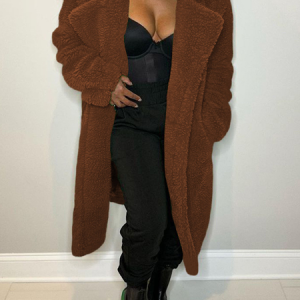 Lapel Collar Long Sleeve Plain Heavyweight Loose Teddy Jacket For Women, Coats, color:Coffee|size:XL, Noracora