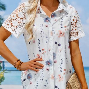 Loose Lace Floral Boho Blouse, Shirts & Blouses, color:White|size:XXL, JustFashionNow