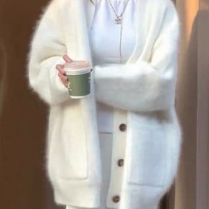 Women Plain Long Sleeve Comfy Casual Buckle Cardigan, Cardigans, color:White|size:One-size, Noracora