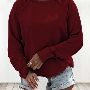 Crew Neck Casual Plain Sweatshirt, Sweatshirts & Hoodies, color:Wine Red|size:XXL, JustFashionNow