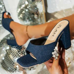 Fashionable Denim Square Toe Chunky Heel Mule Sandals, Sandals & Slippers, color:Deep Blue|size:43, JustFashionNow