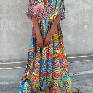 Vacation Casual Tribal Printed V-neck Regular Fit Maxi Dress, Maxi, color:Multicolor|size:XXL, catalog Noracora shop