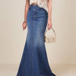 Denim Regular Fit Elegant Plain Denim Skirt, Denim Skirts, color:Blue|size:XXL, Stylewe