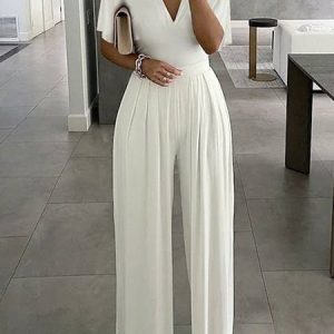 V Neck Regular Fit Urban Ruched Plain Jumpsuit, Jumpsuits, color:White|size:XXL, Stylewe