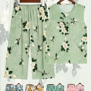 Breathable Elegant Floral Casual Loose Pajama Set, Loungewear & Sleepwear, color:Light_green|size:4XL, JustFashionNow