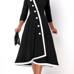 Buttoned Urban Plain Regular Fit Dress, Formal Dresses, color:Black|size:XXL, JustFashionNow