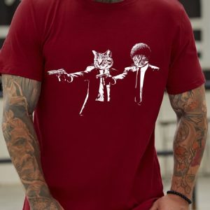 Men's Funny Cat Cotton Letters Casual T-Shirt, color:Red|size:3XL, Lilicloth.com