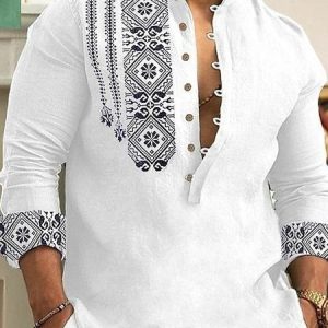 Stand Collar Ethni Printing Regular Sleeve Vacation Shirt, Shirts ＆ Blouse, color:White|size:3XL, JustFashionNow