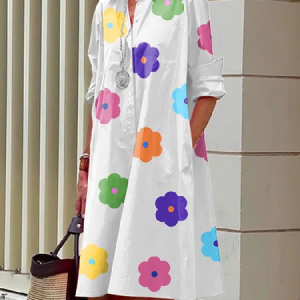 Loose Urban Shirt Collar Three Quarter Floral Dress, Mini Dresses, color:White|size:XS, Stylewe