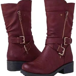 Vintage Plain Slip On Block Heel Combat Boots, Boots, color:Wine Red|size:43, Noracora