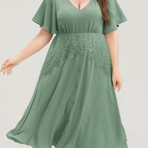 Plus Size V Neck Plain Lace Casual Dress With No, Dresses, color:Green|size:4X, JustFashionNow