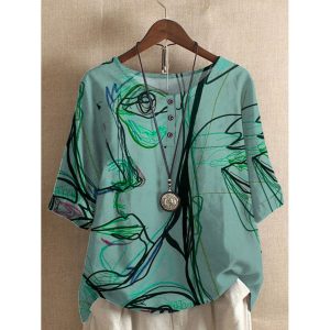 Loose Cotton Print Short-Sleeved Shirt, women tops,  COTOSEN