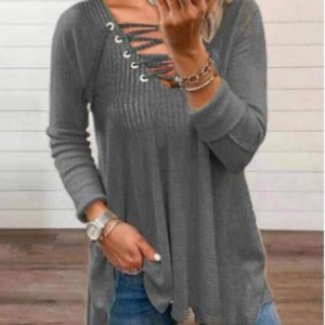 Plain V Neck Loose Casual T-Shirt, T-Shirts, color:Gray|size:3XL, JustFashionNow