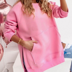 Casual Crew Neck Plain Sweatshirt Pocket Stitching, Hoodies & Sweatshirts, color:Pink|size:XL, Noracora