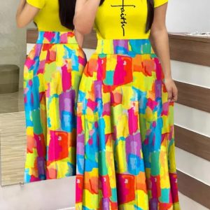 Color Block Text Letter Split Stitching Bohemian Style Round Neck Regular Fit Maxi Dress Casual Vacation Clothing, Dresses, color:Yellow|size:4XL, JustFashionNow